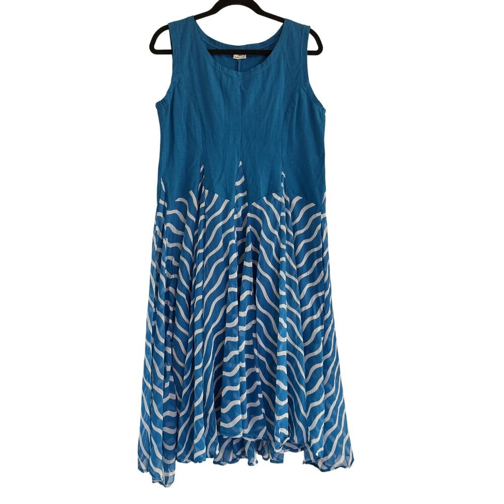 Advance Apparel Midi Dress Womens Blue/White Fit & Flare Sleeveless Plus Size